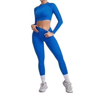 Ensemble de yoga sans couture pour femmes avec logo personnalisé, respirant, uni, tenue de sport automne-hiver, haut court à manches longues avec leggings taille haute - Product Image 1