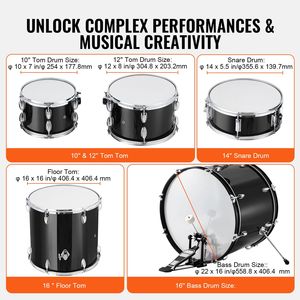 Set Batteria Completo per Adulti da 22 Pollici con Pelli in Betulla, Bass Drum, Tom, Rullante, Piatto, Supporti Regolabili e Piatti - Product Image 3