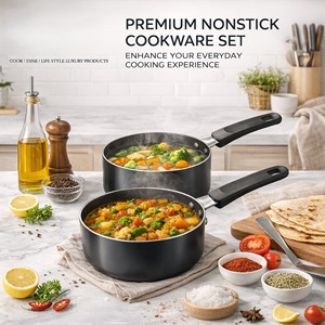 Modern Nonstick <b>Cookware</b> <b>Set</b> of 2 Saucepan & Cooking Pan | Aluminum Dishwasher Safe | Black - Product Image 5