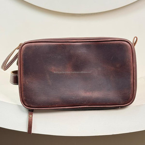Custom Double-<b>Zipper</b> Men's Full Grain Genuine Leather Travel Makeup <b>Bag</b> Vintage Toiletry Cosmetic <b>Bag</b> for Men Hanging Dopp Kit - Product Image 5