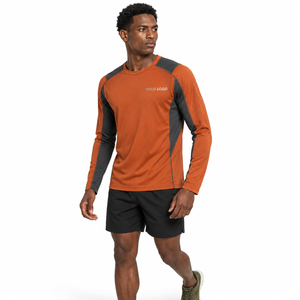 T-shirt de course à manches longues pour homme, orange et noir, séchage rapide, en polyester tricoté, col rond, coupe classique, logo personnalisé sur le devant - Product Image 1