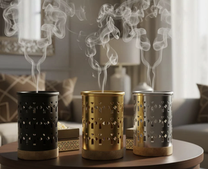 Encens en métal durable très populaire avec finition noire mate et base en bois ajourée, design tendance, pour commandes en gros - Product Image 4