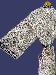 Blue White Printed Cotton <b>Kimono</b> Robe 100 Percent Cotton Boho Style With Stripe Design <b>Belt</b> Premium Bulk Spa And Hotel Robes - Product Image 2