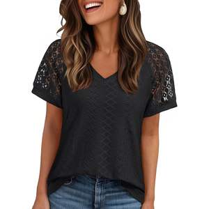 2025 2025 verano moda mujer cuello en V camiseta transpirable manga corta elegante Casual Tops con ojal bordado - Product Image 1