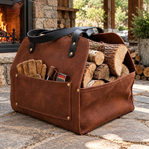 Sac de transport pour bûches en cuir véritable personnalisé, robuste, portable, pour cheminée, sac de rangement pour bois, LLR-0140 - Product Image 6