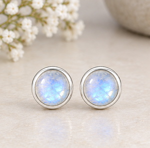 Rainbow Moonstone <b>Silver</b> <b>Stud</b> <b>Earrings</b>, Natural Rainbow Moonstone <b>Earrings</b>, 925 Sterling <b>Silver</b> Round <b>Studs</b>, Blue Flash Gemstone - Product Image 1