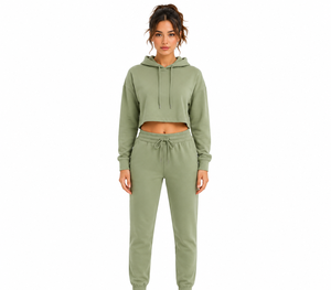 Ensemble sweat à capuche 2 pièces vert olive pour femme, manches longues, coupe ample, décontracté, en polaire unie polyester/coton, anti-rétrécissement, toutes saisons - Product Image 1