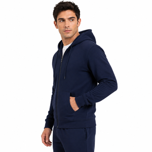 Men's Navy Blue Hooded <b>Zip</b>-<b>Up</b> Sweatshirt & Hoodie Regular Fit Casual French Terry 100% Cotton Autumn Wear - Product Image 3