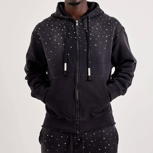 Vente en gros de sweats à capuche pour hommes personnalisés, épais, à fermeture éclair, avec patch brodé, impression sérigraphique, LOGO, strass et effet délavé à l'acide - Product Image 1