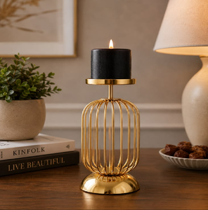 Chic gold wire cage pillar candle holder. Minimalist geometric design creates a warm, cozy ambience. Available at wholesale rate - Product Image 2