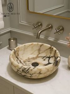 Luxury Natural Marble Round Bathroom Wash <b>Basin</b> Modern French Style with Polished for Hotels and Villas - Product Image 4
