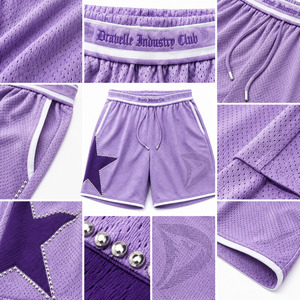 Shorts en maille lavande personnalisés pour hommes, style Y2K, baggy, streetwear, avec imprimé étoile en strass et ceinture jacquard - Product Image 6