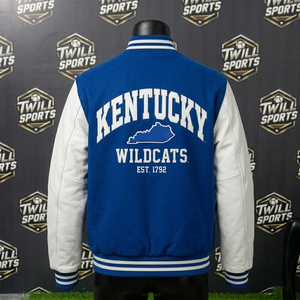 Veste universitaire Kentucky pour homme, bleu et blanc, manches brodées, style bomber, vêtement décontracté d'automne, laine/nylon, bouton unique - Product Image 3