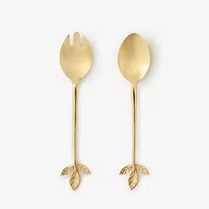 Golden Salad <b>Servers</b> Set with Wooden Handles Green Patterned Design for Serving Salads and <b>Buffet</b> Use - Product Image 4
