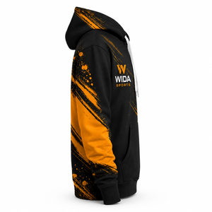 Sweat à capuche personnalisé en polaire polyester noir et orange avec impression par sublimation à effet brossé - Product Image 3
