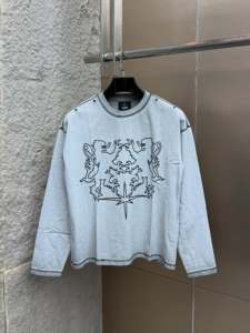 T-shirt à manches longues surdimensionné pour homme avec motif lion, bordure contrastée, col rond, jersey décontracté, tricoté, 100% coton, haut éco-responsable - Product Image 5