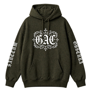Sudadera con Capucha Extra Grande para Hombre, Estilo Vintage, Color Verde Oscuro, con Estampado Gótico en las Mangas y Bolsillo Tipo Canguro - Product Image 1