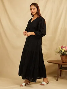 Black Dot Print Maxi <b>Dress</b> With V-Neck Puff Sleeves And Layered Hem Loose Fit Casual Woven Cotton <b>Dress</b> For Daily Wear - Product Image 3