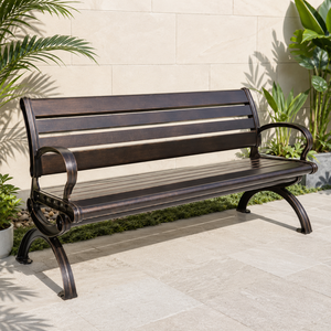 Heavy Duty Outdoor <b>Garden</b> <b>Bench</b> with Dark Brown Slatted Seat Curved <b>Metal</b> Armrests for Park Patio Lawn and Public Seating XL - Product Image 1