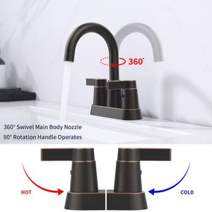 Rubinetto da bagno a 2 maniglie in bronzo lucidato a olio, con beccuccio girevole ad arco alto a 360 gradi, rubinetto per lavabo con interasse da 4 pollici per installazioni alte - Product Image 3