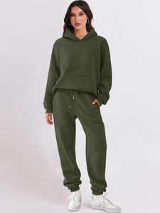 Women's Olive Green Eco-friendly 100% Cotton Hooded Tracksuit Set Full Sleeve Solid Color Casual Regular Fit <b>Sweatshirt</b> Pants - Product Image 4