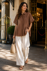 Wholesale <b>Women</b> Vintage <b>Brown</b> Casual Shirt Turn Collar Cuffed Short Sleeve Loose Blouse Office Work <b>Tops</b> Chiffon - Product Image 6