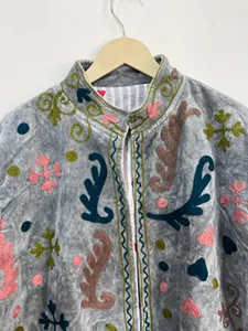 Grey Boho Suzani Embroidered <b>Velvet</b> <b>Jacket</b> <b>Women</b> Ethnic Short Coat Stand Collar Open Front Winter Autumn Wear - Product Image 4