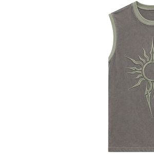 Débardeur sans manches gris et vert sauge avec broderie soleil, gilet décontracté en coton pour homme, col rond, mode streetwear personnalisée pour l'été - Product Image 3