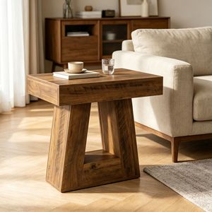 Tavolino Moderno Mid-Century per Camera da Letto, Lussuoso Tavolo Antico in Legno Massello di Mango e Pino con Dettagli in Acciaio Inossidabile per Arredamento Appartamento - Product Image 1