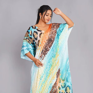 Vestido maxi tipo caftán con estampado de leopardo turquesa para mujer – Vestido con mangas tipo kimono y estampado animal abstracto - Product Image 1