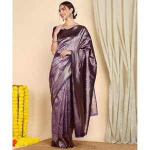 ATTRACTIVE BANARASI SILK BROCADE and GOLD ZARI WORK <b>SAREE</b> WITH UNSTITCHED BLOUSE <b>PURPLE</b> - Product Image 1