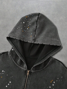 Vintage Wash Zip Up Men Hoodie Cotton Fleece <b>Rhinestone</b> Pattern Hoodies Streetwear Oversized <b>Jacket</b> Bulk Manufacturing - Product Image 4