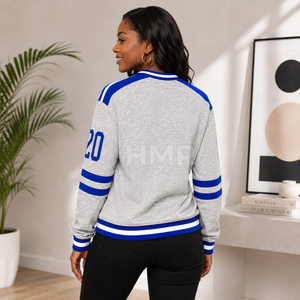 Sweat-shirt en tricot à col en V gris bleu HMR Sorority Sisterhood, manches longues, couleur unie, respirant, pour l'automne - Product Image 4