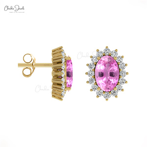 Pendientes de Oro Fino de 14K con Zafiro Rosa Genuino de 6x4MM en Forma Ovalada y Halo de Diamantes, Joyería de Boda Hecha a Mano para Damas de Honor - Product Image 3