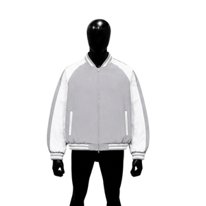 Blouson universitaire en laine gris clair pour homme, style épuré et tendance, avec fermeture éclair décontractée sur le devant, couleur unie, extérieur en polaire polyester, automne - Product Image 1