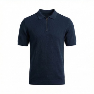 Polo en tricot à manches courtes bleu marine pour homme avec fermeture éclair, design uni décontracté, respirant, coupe régulière - Product Image 1