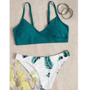 Women's <b>Bikini</b> <b>Set</b> Crossed Halter Top <b>White</b> Palm Print Cheeky Bottom Spandex Polyester Stretch Swimwear - Product Image 4