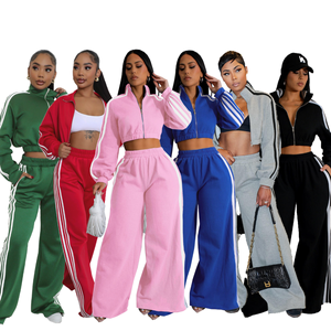 Custom Women <b>Pink</b> Cropped <b>Hoodie</b> Wide Leg Tracksuit Cotton Fleece Two Piece Streetwear Casual Fashion Apparel Premium Set - Product Image 4
