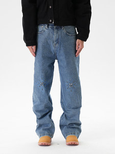Jean en denim coupe droite pour homme, broderie à pois et sequins, coupe ample, style streetwear, coton mi-lourd, style automne - Product Image 4
