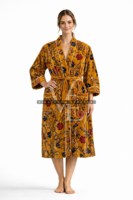 Robe longue décontractée d'été en velours tricoté jaune moutarde luxueux à motif floral, col en V et fermeture à cordon, écologique