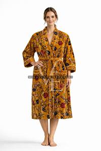 Luxurious Mustard Yellow Floral Velvet Summer Eco-Friendly Full Length Robe Breathable Cozy Bathrobe <b>Housecoat</b> - Product Image 4