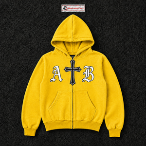 Sudadera con capucha amarilla personalizada con cremallera, estilo gótico oversize con gráfico de cruz y letras AB, ropa urbana unisex de moda para hombre - Product Image 5