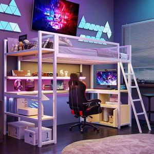 White Twin Size Metal Loft <b>Bed</b> with Built-in Work Station & <b>LED</b> Multiple Storage Compartments - Product Image 2
