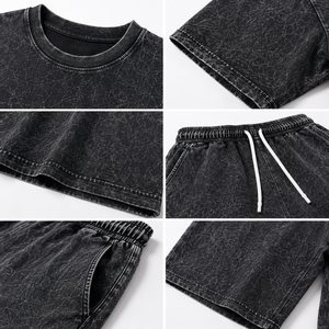 Men’s Acid Wash T Shirt Shorts Set 100% Cotton Oversized <b>Drop</b> Shoulder Vintage Washed 2 Piece Summer Streetwear Outfit - Product Image 3