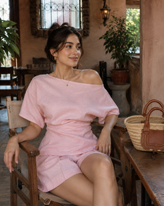 Summer <b>Pink</b> Two Piece Set Women Casual Shoulder Top Shorts Matching Outfits Elegant Boho Beach Vacation Breathable Eco-Friendly - Product Image 4