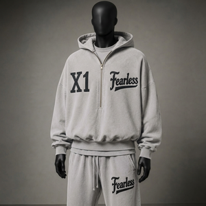 High Quality Men's Winter Casual Flock Print Fleece Quarter Half <b>Zip</b> <b>Hooded</b> Collar Sweatshirts Set TracksuitsCo Ord Drop - Product Image 4