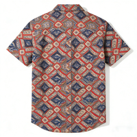 Kemeja Kancing Lengan Pendek Kasual Unisex Motif Geometris Vintage Nyaman untuk Kantor dan Pakaian Musim Panas