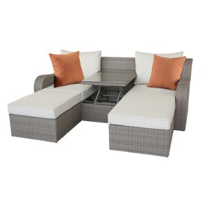 Divano da Patio Salena in Tessuto Beige e Vimini Grigio con 2 Cuscini e 2 Pouf - Product Image 5