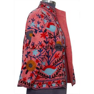Handmade Suzani Design Winter Spring Bomber Jacket <b>Machine</b> Embroidery Floral <b>Pattern</b> <b>Knitted</b> Cotton Fabric Quick Dry Breathable - Product Image 5