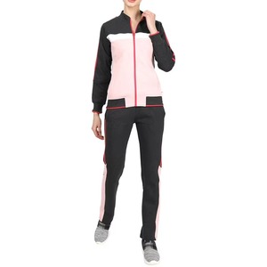 Conjunto Deportivo de Dos Piezas para Mujer, Color Rosa Carbón, con Bloques de Color, Chaqueta con Cierre Completo y Cuello Alto, Pantalones Jogger Ajustados con Ribete en Contraste - Product Image 1